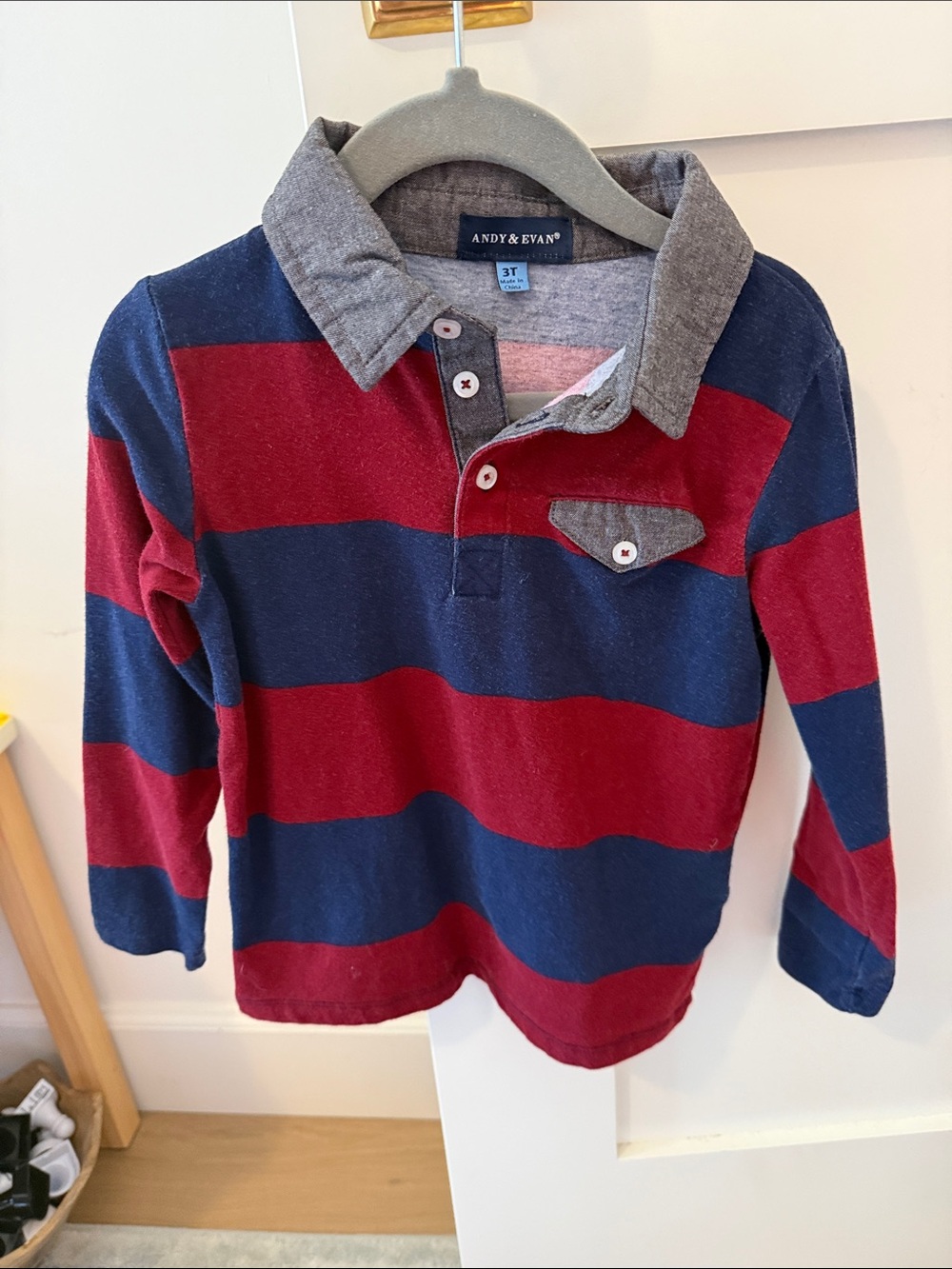 Andy & Evan Boys Long-Sleeve Rugby Polo in Red and Navy with Gray Collar